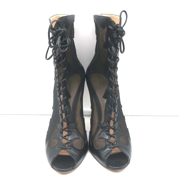 Gianvito Rossi Peep Toe Lace-Up Boots Black Leather & Mesh Size 38 - Picture 3 of 12